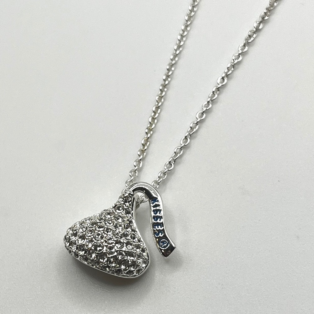 Hershey's Kisses Pave Crystal Pendant Necklace Silver Tone Chain Candycore